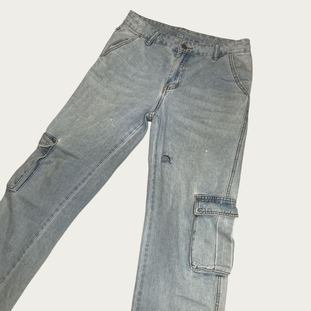 Mens Light Wash Denim Cargo Pants 28x32 Straight Leg Streetwear Jeans Blue